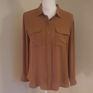 LOFT Brown Long-sleeve Button-down Blouse.  MP